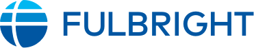 Logo for Fulbright, white background with white stripes through three shades of blue in the shape of a circle. the word Fulbright in blue