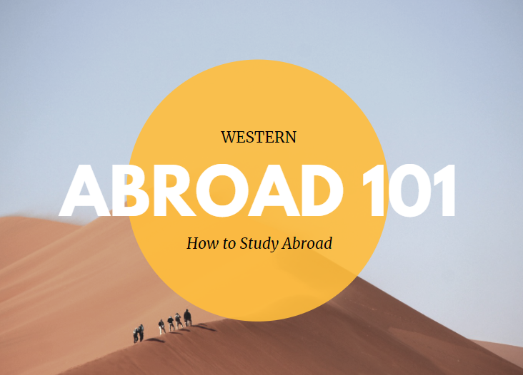 Western ABROAD 101 How to Study Abroad text over a photo of six people in the distance walking up a sand dune